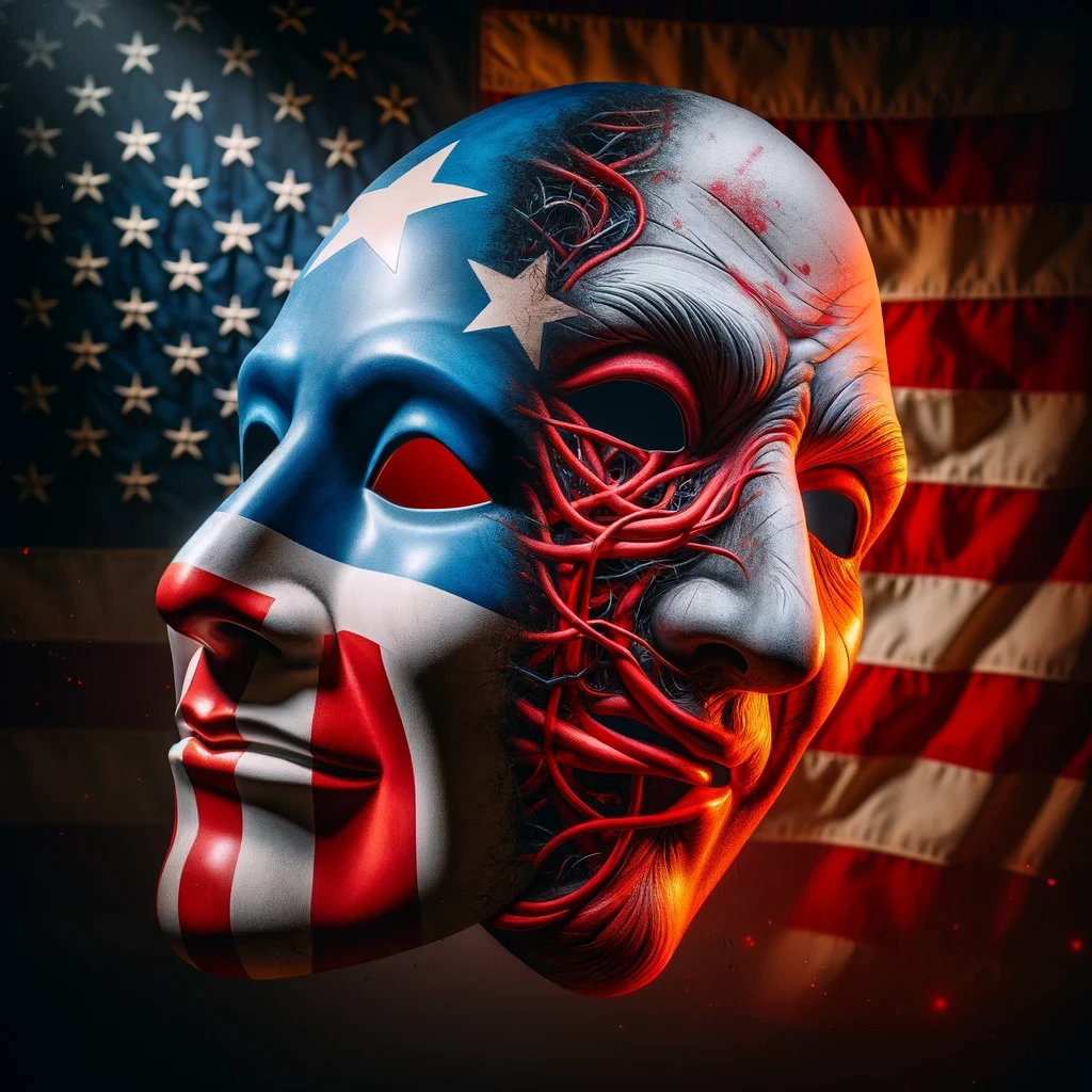 A dramatic and symbolic representation showing two masks, one bearing the traditional Republican elephant logo and the other a more defined Marxist symbol, specifically a bold red star, symbolizing Marxist ideologies. The masks are partially overlaid or one is being removed to reveal the other, suggesting a disguise or transformation. The background is a blurred American flag, emphasizing the national political context, with a focus on the masks in the foreground. The lighting is dim, with a spotlight effect on the masks, creating a moody and somewhat ominous atmosphere. The colors are bold—reds and blues to represent the political spectrum, with the masks sharply detailed against the softer, out-of-focus flag. The style is realistic but with a touch of dramatic flair to emphasize the deception and hidden agendas.
